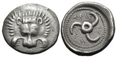 Greek DYNASTS of LYCIA. Trbbenimi. Circa 390-375 BC. AR Sixth Stater (13.5mm, 1.52 g). Wedrei mint. Lion scalp facing; small triskeles below / Triskeles; F (mintmark) in one section. Cf. Müseler VII 1