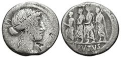 Roman Republican Q. Servilius Caepio (M. Junius) Brutus. 54 BC. AR Denarius (18.5mm, 3.67 g, 6h). Rome mint. Head of Libertas right / The consul L. Junius Brutus walking left between two lictors, each