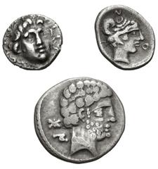 Large Lots GREEK. Miscellaneous. Lot of three (3) silver issues. Includes: IBERIA, Bolskan. AR Denarius. ACIP 1423 // MACEDON, Neapolis. AR Hemidrachm. AMNG III/2, 12; HGC 3, 588 // ISLANDS off CARIA,