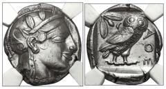 Greek ATTICA, Athens. Circa 454-404 BC. AR Tetradrachm (22mm, 17.16 g, 1h). Helmeted head of Athena right, with frontal eye / Owl standing right, head facing, closed tail feathers; olive sprig and cre