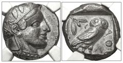 Greek ATTICA, Athens. Circa 454-404 BC. AR Tetradrachm (21mm, 17.13 g, 1h). Helmeted head of Athena right, with frontal eye / Owl standing right, head facing, closed tail feathers; olive sprig and cre