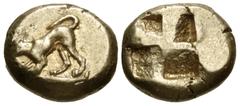 Greek MYSIA, Kyzikos. Circa 550-450 BC. EL Hekte – Sixth Stater (10mm, 2.68 g). Hound (or wolf) at bay left on tunny left / Quadripartite incuse square. Von Fritze I –; Boston MFA 1470 corr. = Warren 