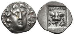 Greek ISLANDS off CARIA, Rhodos. Rhodes. Circa 125-88 BC. AR Hemidrachm (12mm, 1.19 g, 12h). 'Plinthophoric' coinage. Diogenes, magistrate. Radiate head of Helios facing slightly right / Rose with bud