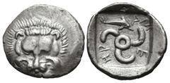 Greek DYNASTS of LYCIA. Mithrapata. Circa 390-370 BC. AR Sixth Stater (14mm, 1.47 g). Phellos(?) mint. Facing lion scalp / Triskeles; dolphin in one section; all within incuse square. Müseler VII 76–7