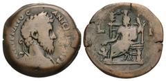 Roman Provincial EGYPT, Alexandria. Marcus Aurelius. AD 161-180. Æ Drachm (32.5mm, 28.53 g, 12h). Dated RY 11 (AD 170/171). Laureate, draped, and cuirassed bust right / Serapis enthroned left, holding