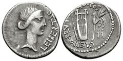 Roman Republican The Republicans. Brutus. Spring-early summer 42 BC. AR Denarius (17.5mm, 3.59 g, 12h). Military mint traveling with Brutus in Lycia. Head of Libertas right / Lyre between quiver to le