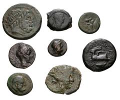 Large Lots GREEK. Magna Graecia & Sicily. Lot of eight (8) bronze issues. Includes: CENTRAL ITALY, Uncertain // BRUTTIUM, Lokri Epizephyroi // BRUTTIUM, Petelia // BRUTTIUM, Rhegion // SICILY, Leontin