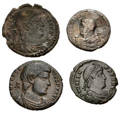 Large Lots ROMAN. Imperial. Lot of four (4) billon and bronze issues from Constantine I to Valens. Includes: Constantine I. BI Argenteus // Magnentius. Æ Centenionalis (2) // Valens. Æ. One Magnentius