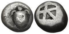 Greek ISLANDS off ATTICA, Aegina. Circa 525-480 BC. AR Stater (18mm, 11.94 g, 3h). Sea turtle, head in profile, [with trefoil collar] / Small incuse square with skew pattern. Meadows, Aegina, Group II