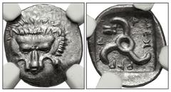 Greek DYNASTS of LYCIA. Mithrapata. Circa 390-370 BC. AR Sixth Stater (13mm). Uncertain mint. Lion scalp facing / Triskeles; astragalos in one section; all within incuse square. Müseler VII 83; Traité