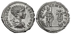 Roman Imperial Geta. As Caesar, AD 198-209. AR Denarius (19mm, 3.28 g, 6h). Rome mint. Struck AD 200-205. Bareheaded, draped, and cuirassed bust right / Geta standing left, holding baton and scepter; 