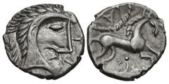 British CELTIC, Iceni. Uninscribed. Circa 65-1 BC. AR Unit (11mm, 1.27 g, 1h). Norfolk God (Icenian O) type. Celticized head right; two trefoils before / Horse right; wheel above, lozenge-shaped box b