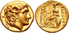 Greek KINGS of THRACE, Macedonian. Lysimachos. 305-281 BC. AV Stater (18mm, 8.58 g, 10h). Amphipolis mint. Struck 288/7-282/1 BC. Diademed head of the deified Alexander right, with horn of Ammon / BAΣ