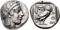 Greek ATTICA, Athens. Circa 454-404 BC. AR Tetradrachm (23mm, 17.14 g, 7h). Helmeted head of Athena right, with frontal eye / Owl standing right, head facing, closed tail feathers; olive sprig and cre