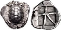 Greek ISLANDS off ATTICA, Aegina. Circa 456/45-431 BC. AR Stater (21.5mm, 12.33 g, 2h). Land tortoise with segmented shell / Large square incuse with heavy skew pattern. Meadows, Aegina, Group IIIb; M