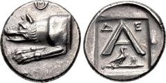 Greek ARGOLIS, Argos. Circa 270-260/50 BC. AR Triobol – Hemidrachm (14mm, 2.59 g, 10h). Forepart of wolf at bay left; Θ above / Large A; Δ-E across upper field; below, eagle standing right on harpa ri