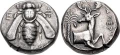 Greek IONIA, Ephesos. Circa 405-390 BC. AR Tetradrachm (22mm, 15.10 g, 12h). Namertes, magistrate. Bee with curved wings / Forepart of stag right, head left; palm tree to left, [N]AMERT[HΣ] to right. 