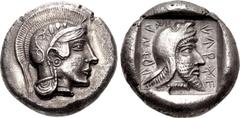 Greek DYNASTS of LYCIA. Kherei. Circa 410-390 BC. AR Stater (19.5mm, 8.50 g, 12h). Xanthos (as Arñna) mint. Helmeted head of Athena right / Head of Kherei right, wearing Persian tiara, within incuse s