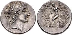 Greek SELEUKID EMPIRE. Demetrios II Nikator. First reign, 146-138 BC. AR Tetradrachm (28mm, 17.04 g, 1h). Mopsos mint. Struck 145-circa 144 BC. Diademed head right / Apollo Delphios, testing arrow and