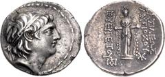 Greek SELEUKID EMPIRE. Antiochos VII Euergetes (Sidetes). 138-129 BC. AR Tetradrachm (30.5mm, 15.92 g, 12h). Mallos mint. Diademed head right; M to left / BAΣIΛEΩΣ ANTIOXOY EYEPΓETOY, Cult statue of A