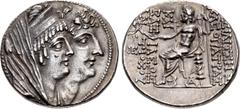 Greek SELEUKID EMPIRE. Kleopatra Thea & Antiochos VIII. 125-121 BC. AR Tetradrachm (28mm, 16.67 g, 12h). Antioch on the Orontes mint. Struck circa 122-121 BC. Jugate busts right of Kleopatra, wearing 