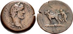 Roman Provincial EGYPT, Alexandria. Antoninus Pius. AD 138-161. Æ Drachm (33.5mm, 25.11 g, 12h). Dated RY 5 (AD 141/142). Laureate head right / Plowman (constellation Boötes?), wearing pileus, driving