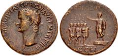 Roman Imperial Gaius (Caligula). AD 37-41. Æ Sestertius (35mm, 27.75 g, 6h). Rome mint. Struck AD 40-41. Laureate head left / Gaius standing left on daïs, extending right hand in gesture of address; b