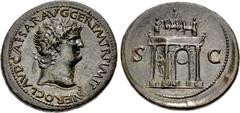 Roman Imperial Nero. AD 54-68. Æ Sestertius (37.5mm, 24.98 g, 6h). Lugdunum (Lyon) mint. Struck circa AD 65. Laureate head right, globe at point of neck / Triumphal arch surmounted by statue of empero