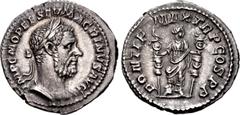 Roman Imperial Macrinus. AD 217-218. AR Denarius (20mm, 3.26 g, 6h). Rome mint, 2nd officina. 2nd emission, AD 217-218. Laureate and cuirassed bust right / Fides standing right, foot on helmet, holdin