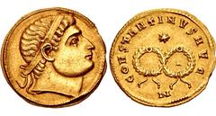 Roman Imperial Constantine I. AD 307/310-337. AV Solidus (19mm, 4.50 g, 6h). Nicomedia mint. Struck AD 326. Head right, wearing plain diadem, eyes to God / CONSTANTINVS AVG, two interlaced wreaths; st