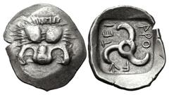 Greek DYNASTS of LYCIA. Aruwatijesi. Circa 400-370 BC. AR Sixth Stater (13.5mm, 1.33 g). Zagaba mint(?). Facing lion scalp / Triskeles within incuse square. Müseler VII 61–2 var. (mint signature on re