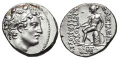 Greek SELEUKID EMPIRE. Posthumous Issues of Antiochos IV. 146/5 BC. AR Drachm (16.5mm, 4.30 g, 12h). Antioch on the Orontes mint. Diademed head right / Apollo, testing arrow and resting hand on bow, s