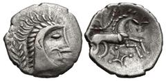 British CELTIC, Iceni. Uninscribed. Circa 65-1 BC. AR Unit (14mm, 1.16 g, 6h). Norfolk God type (Icenian O). Celticized head right; [two trefoils before] / Horse right; wheel above, lozenge-shaped box