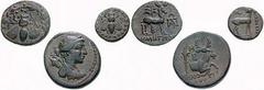 Estimate $200 IONIA, Ephesos. Circa 295-280 BC. Æ 12mm (1.80 gm). Bee in wreath / Stag right; magistrate ...MENEUS. SNG Copenhagen 265 variety // Circa 202-133 BC. Æ 18mm (2.99 gm). Bee in wreath / St