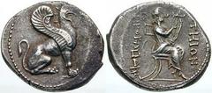 Estimate $1000 IONIA, Teos. Circa 300 BC. AR Didrachm (5.99 gm). Griffin seated right / Anakreon seated right, plucking a lyre; magistrate [PR]OKLEIDHS. Unpublished types. Nicely toned, good VF, strik
