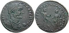 Estimate $300 LYDIA, Bagis. In alliance with Temenothyrai in Phrygia. Gallienus. 253-268 AD. Æ 38mm (21.90 gm). Laureate, draped and cuirassed bust right / Mên standing right, holding sceptre and rest