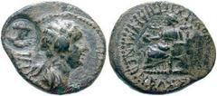Estimate $150 PHRYGIA, Eumeneia. Agrippina Jr., mother of Nero. Æ 18mm (2.76 gm). Struck under Nero, circa 54-55 AD. Draped bust of Agrippina Junior right; c/m: draped bust right within circular incus