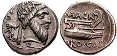 Estimate $400 CNAEUS POMPEY MAGNUS (Pompey the Great). 49 BC. AR Denarius (3.83 gm). Struck in Greece. Head of Numa Pompilius right; NVMA on diadem / Prow right. Crawford 446/1; Sear CRI 7; Sydenham 1