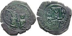 Estimate $150 HERACLIUS. 610-641 AD. Æ Follis (12.16 gm). Struck year 3 (612/613). Nikomedia mint. Heraclius and Heraclius Constantine standing facing, each holding globus cruciger; cross above / Larg