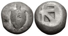 Greek ISLANDS off ATTICA, Aegina. Circa 525-480 BC. AR Stater (17.5mm, 12.04 g, 12h). Sea turtle, head in profile, [with trefoil collar] / Small incuse square with skew pattern. Meadows, Aegina, Group