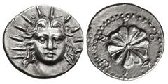 Greek ISLANDS off CARIA, Rhodos. Rhodes. Early 1st century AD. AR Drachm (16mm, 2.84 g). Cistophoric standard. Radiate head of Helios facing / Rose seen from above. Ashton & Weiss 11b (O2/R11 – this c