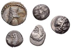 Large Lots GREEK. Miscellaneous. Lot of five (5) silver issues. Includes: THRACE, Chersonessos. AR Hemidrachm (2) // Achaian League. AR Hemidrachm // MYSIA, Parion. AR Drachm. Lot also includes a Part