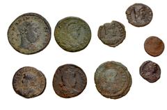 Large Lots ROMAN. Imperial. Lot of nine (9) late Roman bronze issues. Includes: Galerius // Crispus // Julian II (2) // Theodosius I (5). Fine to Near VF. LOT SOLD AS IS, NO RETURNS. Nine (9) coins in
