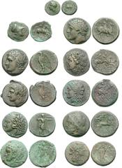 SICILY. Syracuse. Lot of eleven Æ. Includes: a) Agathokles. 317-289 BC. Æ Tetras(?). Struck circa 317-310 BC. Apollo / Dog. CNS 149; Favorito type 53a (this coin, illustrated) // b) Æ Tetras. Struck c
