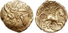 CELTIC, Britain. Trinovantes & Catuvellauni. Addedomaros. Circa 40-30 BC. AV Stater (5.48 g). Six-armed spiral of wreaths / Celticized horse right; pellets-in-annulets around, ‘cornucopia’ below. Van 