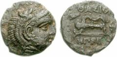 MACEDON, Philippoi (as Krenides). 360-356 BC. Æ 10mm (1.10 g, 11h). Head of Herakles right, wearing lion skin / Club and bow; HΠEIPO below. Bellinger, Philippi 2; Le Rider, Thasiennes 29; AMNG II/2, 1