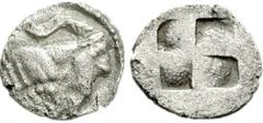 KINGS of MACEDON. Alexander I. 498-454 BC. AR Diobol (1.69 g). Struck circa 480-470 BC. Forepart of goat right / Quadripartite incuse square. Raymond -; SNG ANS -; SNG München -; SNG Alpha Bank -; SNG