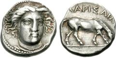 THESSALY, Larissa. Circa 400-380 BC. AR Drachm (6.06 g, 5h). Head of the nymph Larissa facing slightly right / Horse grazing right. L-S O9/R2, specimen a = Lorber, Early 35.2a (this coin); SNG Copenha