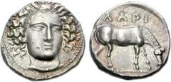 THESSALY, Larissa. Circa 400-380 BC. AR Drachm (6.07 g, 4h). Head of the nymph Larissa facing slightly right / Horse grazing right. L-S O83/R1, specimen b = Lorber, Early 55.1b (this coin); SNG Copenh