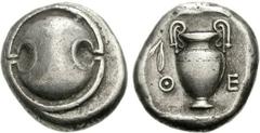 BOEOTIA, Thebes. Circa 425-400 BC. AR Stater (12.33 g). Boeotian shield / Amphora; two olive leaves hanging from left handle; all within square incuse. BCD Boiotia 393 (this coin). VF, traces of find 